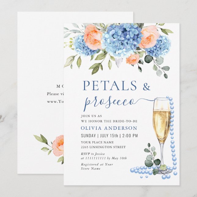 Invitation Blue Hydrangea Blush Roses Rose Perles & Prosecco (Devant / Derrière)