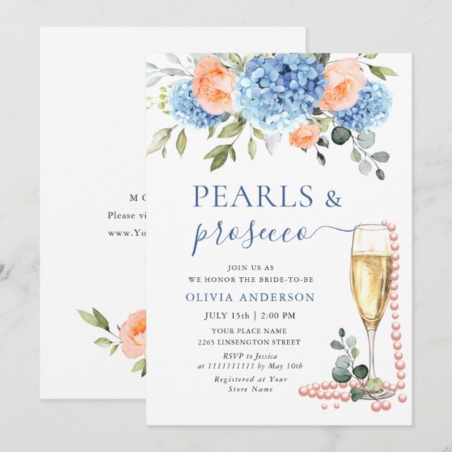 Invitation Blue Hydrangea Blush Roses rose PERLES & Prosecco (Devant / Derrière)