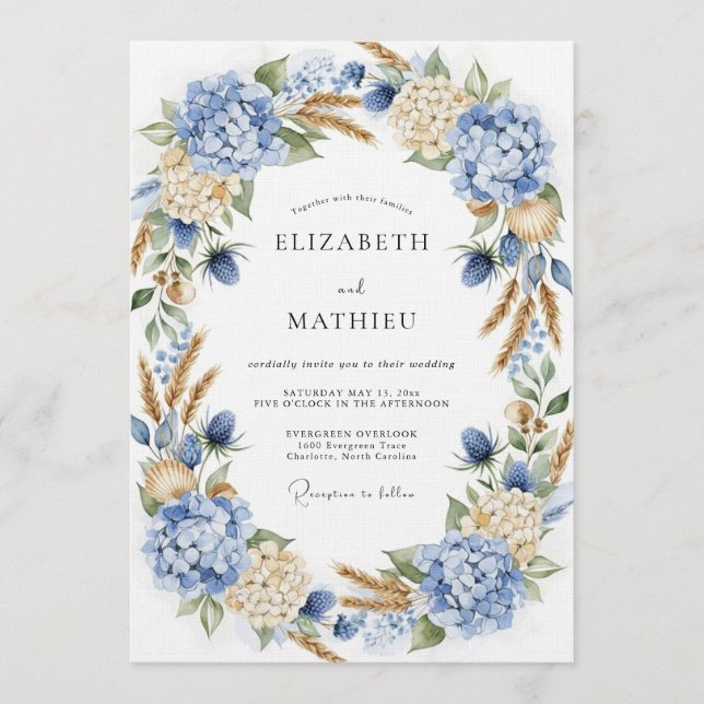 Invitation Blue Hydrangea Botanical Romance Wedding (Devant)