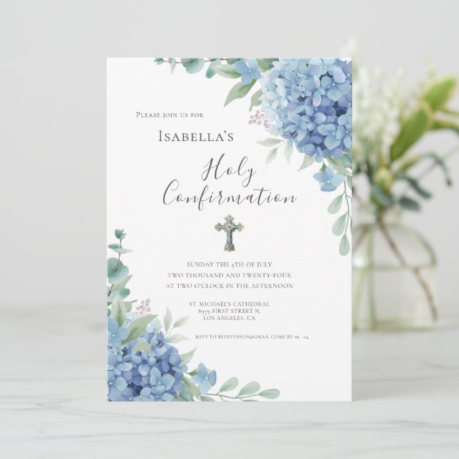 Invitation Blue Hydrangea Confirmation Religious (Debout devant)