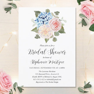 Invitation Blue Hydrangea Fête des mariées végétale rose