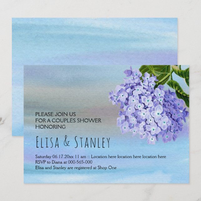 Invitation Blue hydrangea fleuri mariage couples douche (Devant / Derrière)