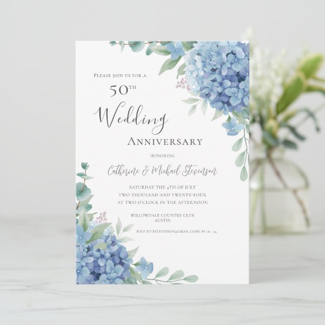 Invitation Blue Hydrangea Floral 50th Wedding Anniversary (Debout devant)