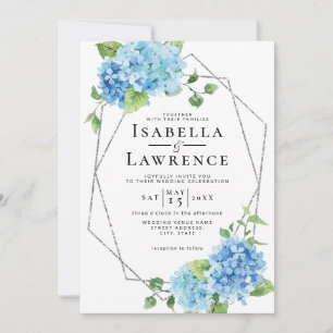 Invitation Blue Hydrangea Floral Argent Mariage élégant