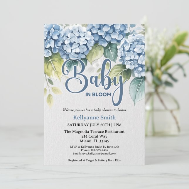 Invitation Blue Hydrangea Floral "Baby In Bloom" Shower (Debout devant)