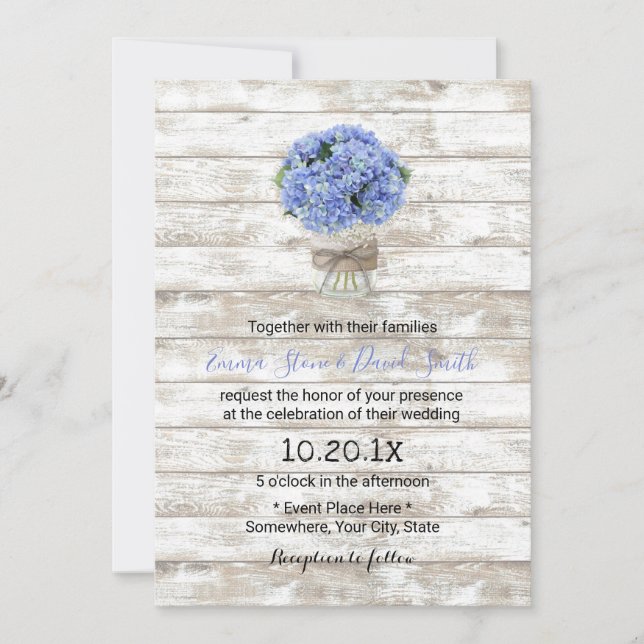 Invitation Blue Hydrangea Floral Jar Mariage en bois rustique (Devant)