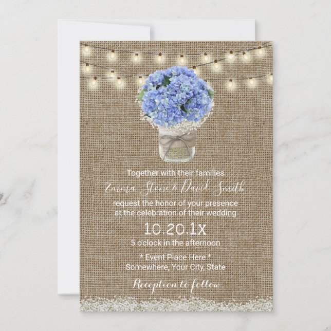 Invitation Blue Hydrangea Floral Jar Rustique Burlap Mariage (Devant)