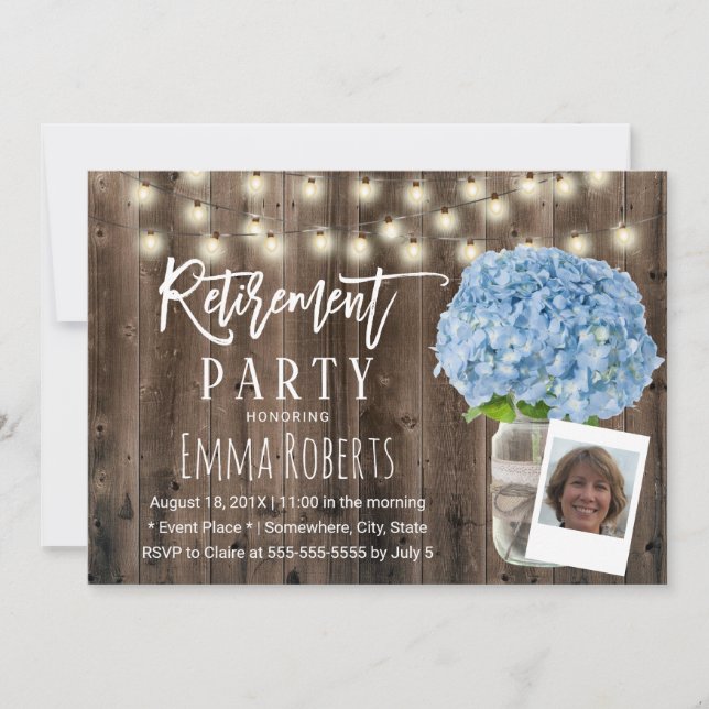 Invitation Blue Hydrangea Floral Rustic Bois Photo Retraite (Devant)