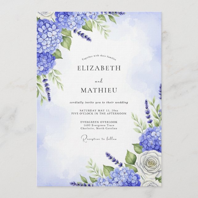 Invitation Blue Hydrangea Floral Whimsy Wedding (Devant)