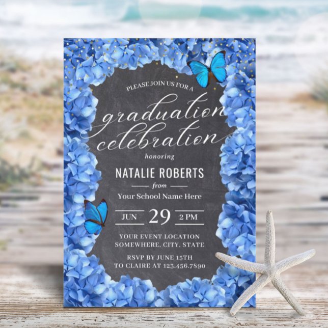 Invitation Blue Hydrangea Flower & Butterfly Graduation Party (Créateur téléchargé)