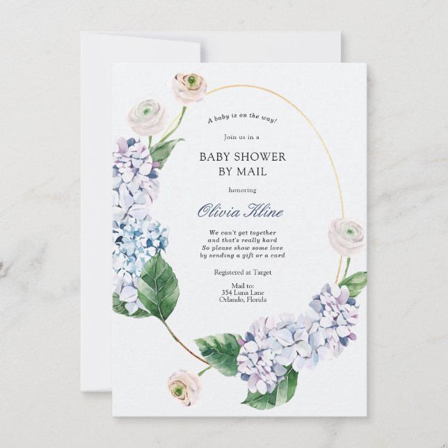 Invitation Blue Hydrangea Gold Frame Baby shower par Mail (Devant)