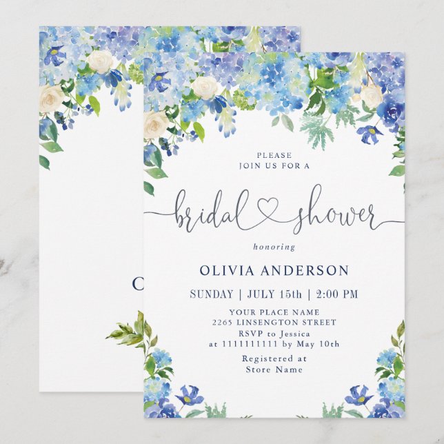 Invitation Blue Hydrangea Green Fête des mariées d'aquarelle (Devant / Derrière)