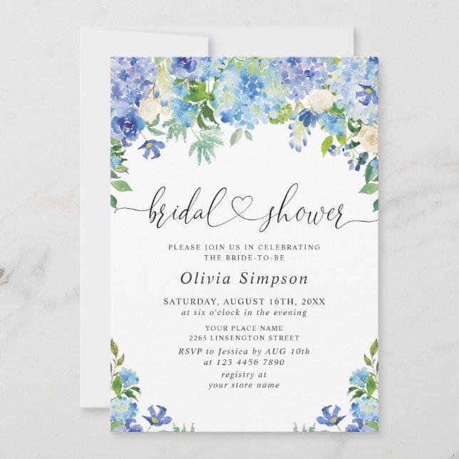Invitation Blue Hydrangea Green Fête des mariées d'aquarelle (Devant)