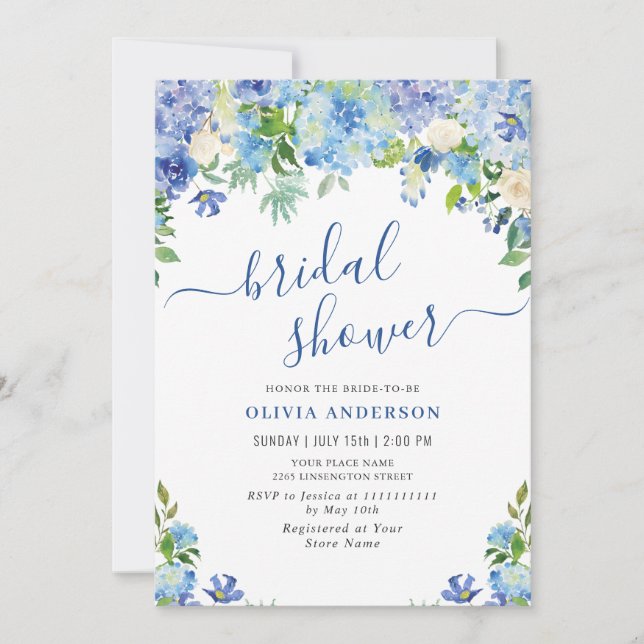 Invitation Blue Hydrangea Green Fête des mariées d'aquarelle (Devant)