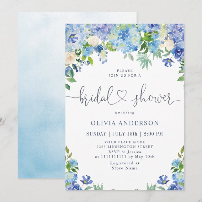Invitation Blue Hydrangea Green Fête des mariées d'aquarelle (Devant / Derrière)