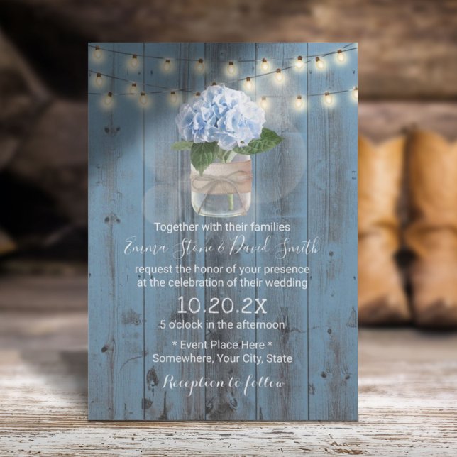 Invitation Blue Hydrangea Jar Dusty Blue Barn Mariage en bois (Créateur téléchargé)
