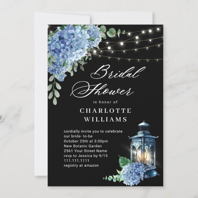 Invitation Blue Hydrangea Lanterne Boho noir Fête des mariées (Devant)