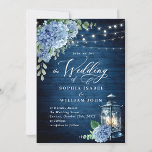 Invitation Blue Hydrangea Lanterne Marine Mariage en bois