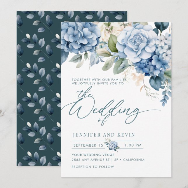 Invitation Blue Hydrangea Moderne Script Floral Mariage (Devant / Derrière)