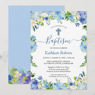 Invitation Blue Hydrangea Pastel Floral Baptême Christening