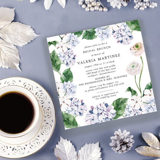 Invitation Blue Hydrangea Rose blanche Carré de brunch (Créateur téléchargé)