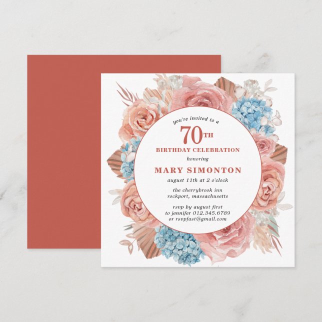 Invitation Blue Hydrangea Rose Rose Floral 70e anniversaire (Devant / Derrière)