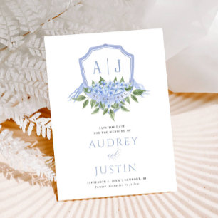 Invitation Blue Hydrangea Watercolor Crest Enregistrer la dat