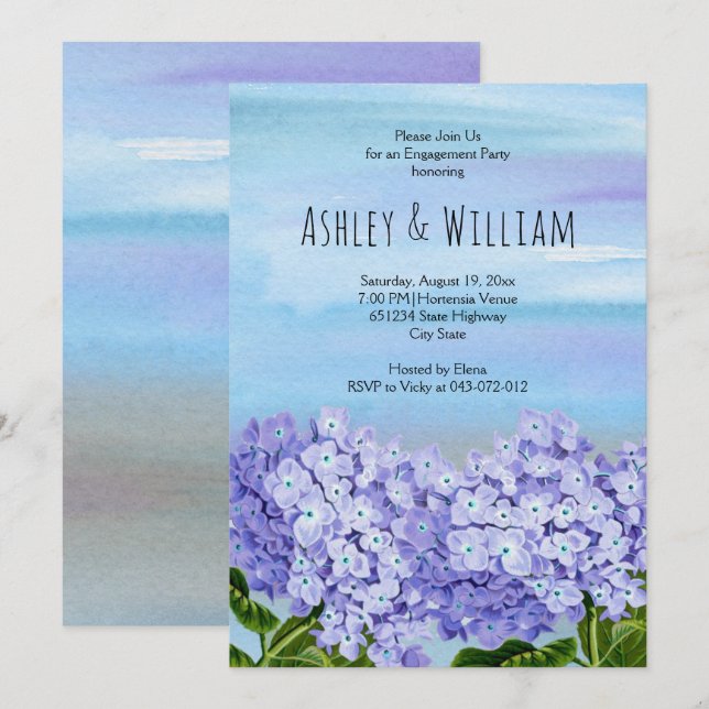 Invitation Blue hydrangea watercolor mariage fiançailles (Devant / Derrière)