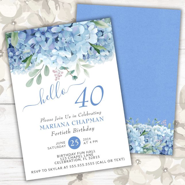 Invitation Blue Hydrangeas Aquarelle Floral 40e Anniversaire  (Créateur téléchargé)