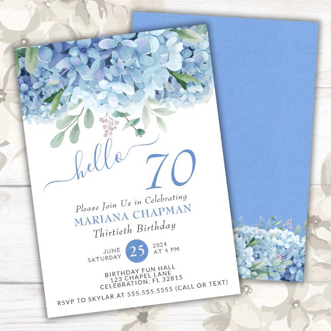 Invitation Blue Hydrangeas Aquarelle Floral 70e Anniversaire  (Créateur téléchargé)