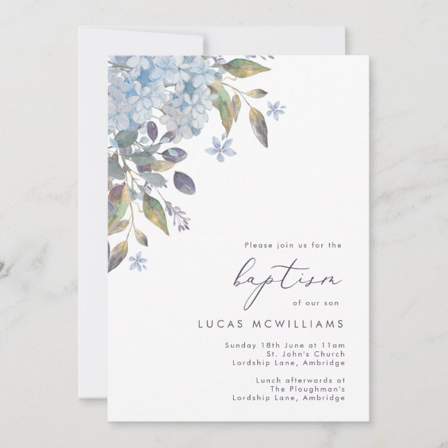 Invitation Blue Hydrangeas Calligraphie Baptême (Devant)