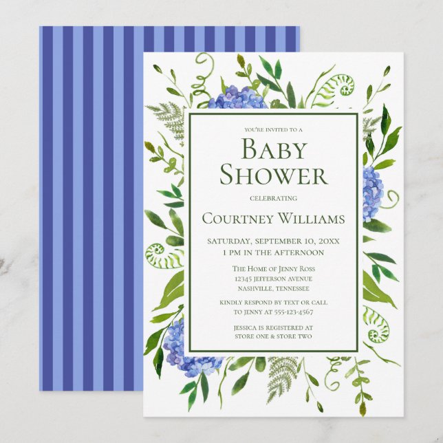 Invitation Blue Hydrangeas Floral Aquarelle Baby shower (Devant / Derrière)