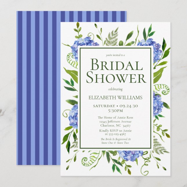 Invitation Blue Hydrangeas Floral Aquarelle Fête des mariées (Devant / Derrière)
