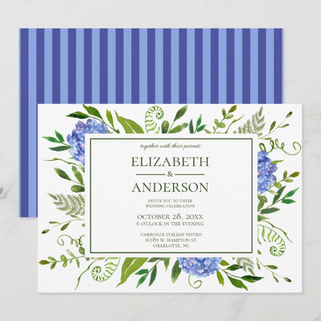 Invitation Blue Hydrangeas Floral Mariage Célébration (Devant / Derrière)