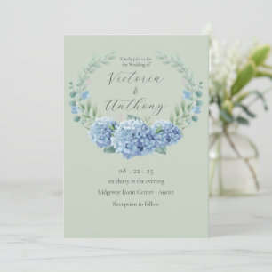 Invitation Blue Hydrangeas Floral Sage Vert Mariage