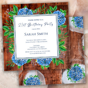 Invitation Blue Hydrangeas Rustic Wood 21e fête d'anniversair