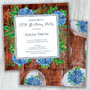Invitation Blue Hydrangeas Rustic Wood 30e fête d'anniversair