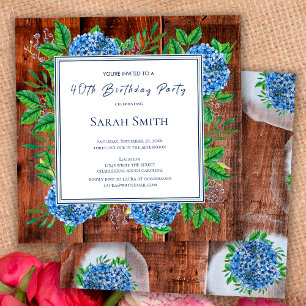Invitation Blue Hydrangeas Rustic Wood 40e fête d'anniversair