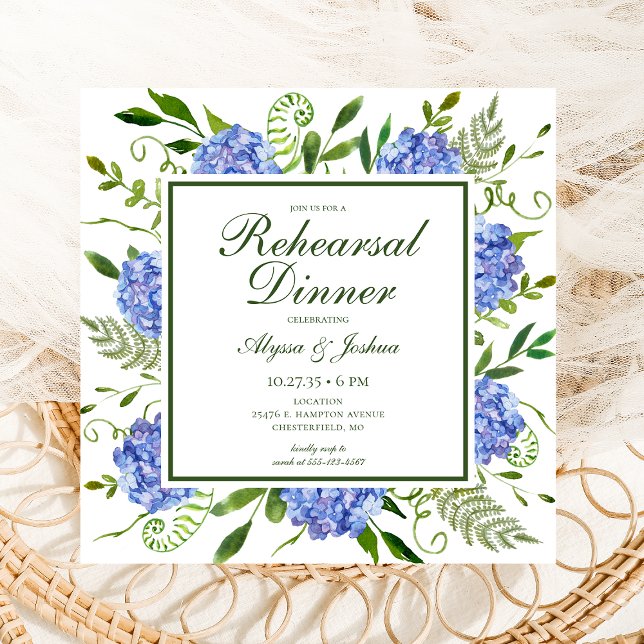 Invitation Blue Hydrangeas Script Photo Rehearer Dîner (Créateur téléchargé)
