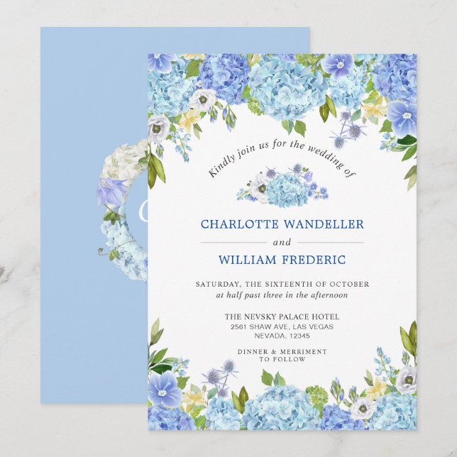 Invitation Blue Hydrangeas Verdure Mariage aquarelle (Devant / Derrière)