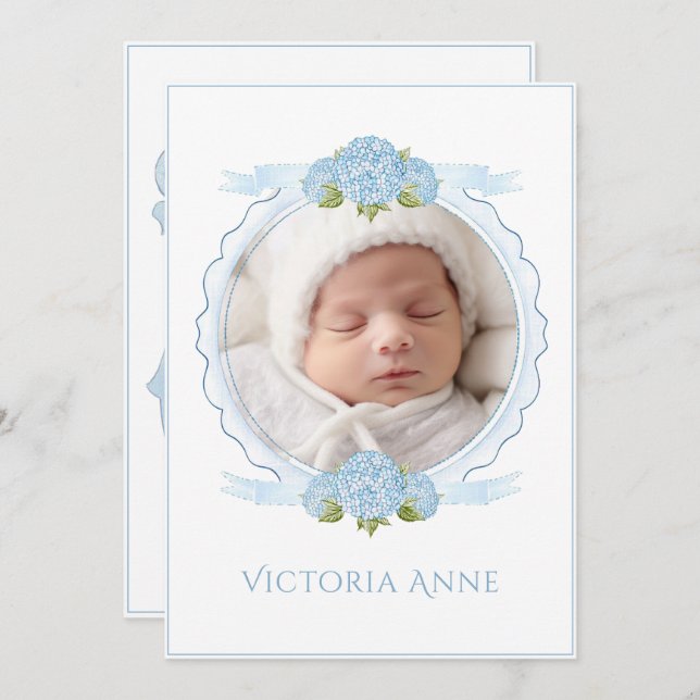 Invitation Blue Hydrangeas Vintage Birth Announcement (Devant / Derrière)