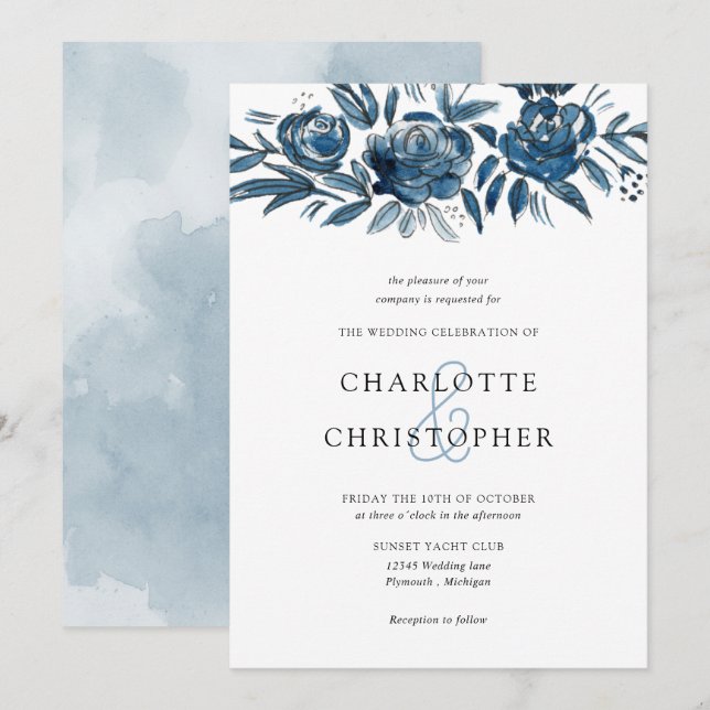 Invitation Blue indigo aquarelle lin fleuri mariage (Devant / Derrière)