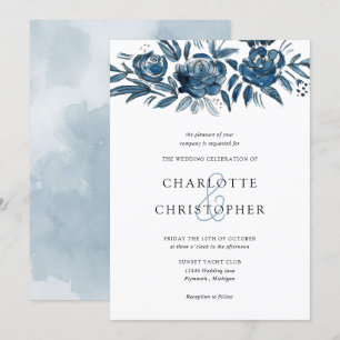 Invitation Blue indigo aquarelle lin fleuri mariage