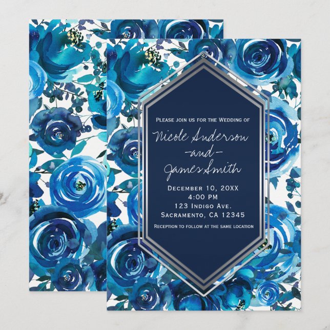 Invitation Blue Indigo Floral Flowers Élégant Mariage chic (Devant / Derrière)