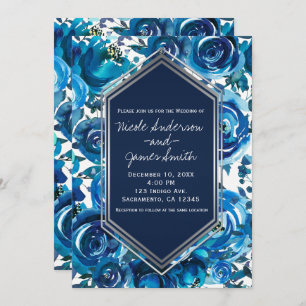 Invitation Blue Indigo Floral Flowers Élégant Mariage chic