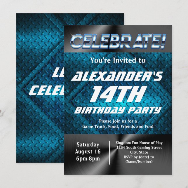 Invitation Blue Industrial Ado Tween Boys Jeu Anniversaire (Devant / Derrière)