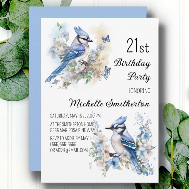 Invitation Blue Jay Bird Flowers Printemps 21e Anniversaire (Blue jay and butterflies women's 21st birthday party invitation, customizable with your own text.)