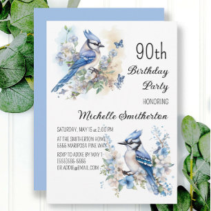 Invitation Blue Jay Bird Flowers Printemps 90e Anniversaire