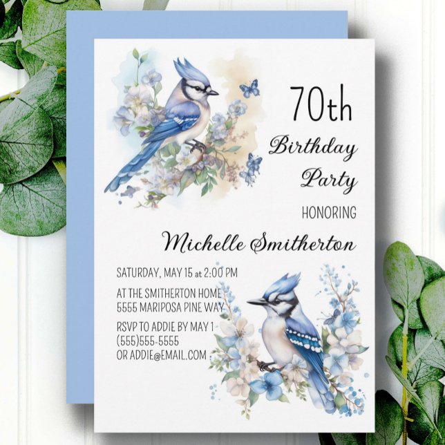 Invitation Blue Jay Bird Flowers Springtime 70e anniversaire (Blue jay women's 70th birthday party custom invitations)