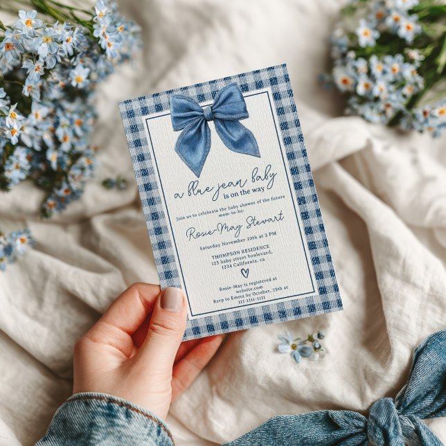 Invitation Blue Jean Denim Coquette Bow En vichy Baby shower (Blue Jean Denim Coquette Bow Gingham Baby Shower Invitation)